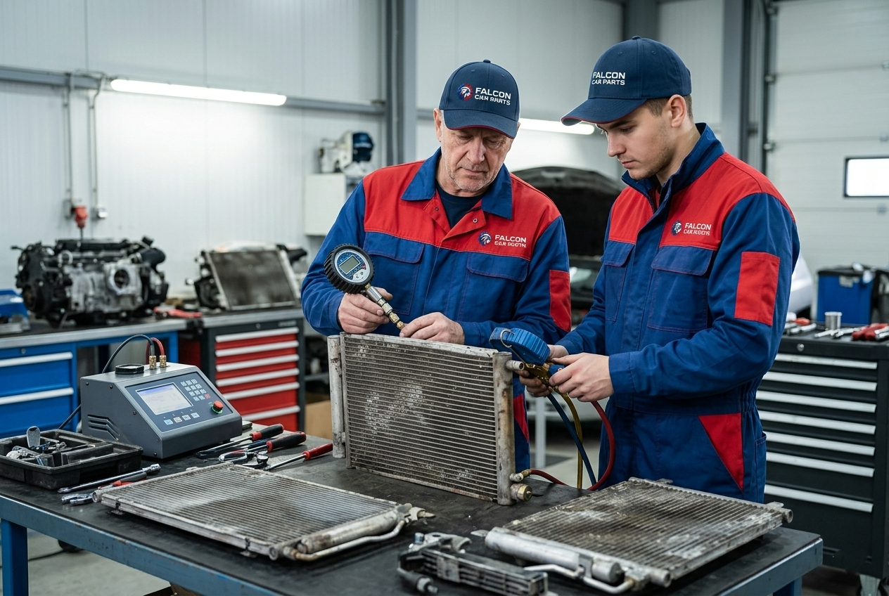 Technical staff inspecting used AC condensers for leaks and fin damage