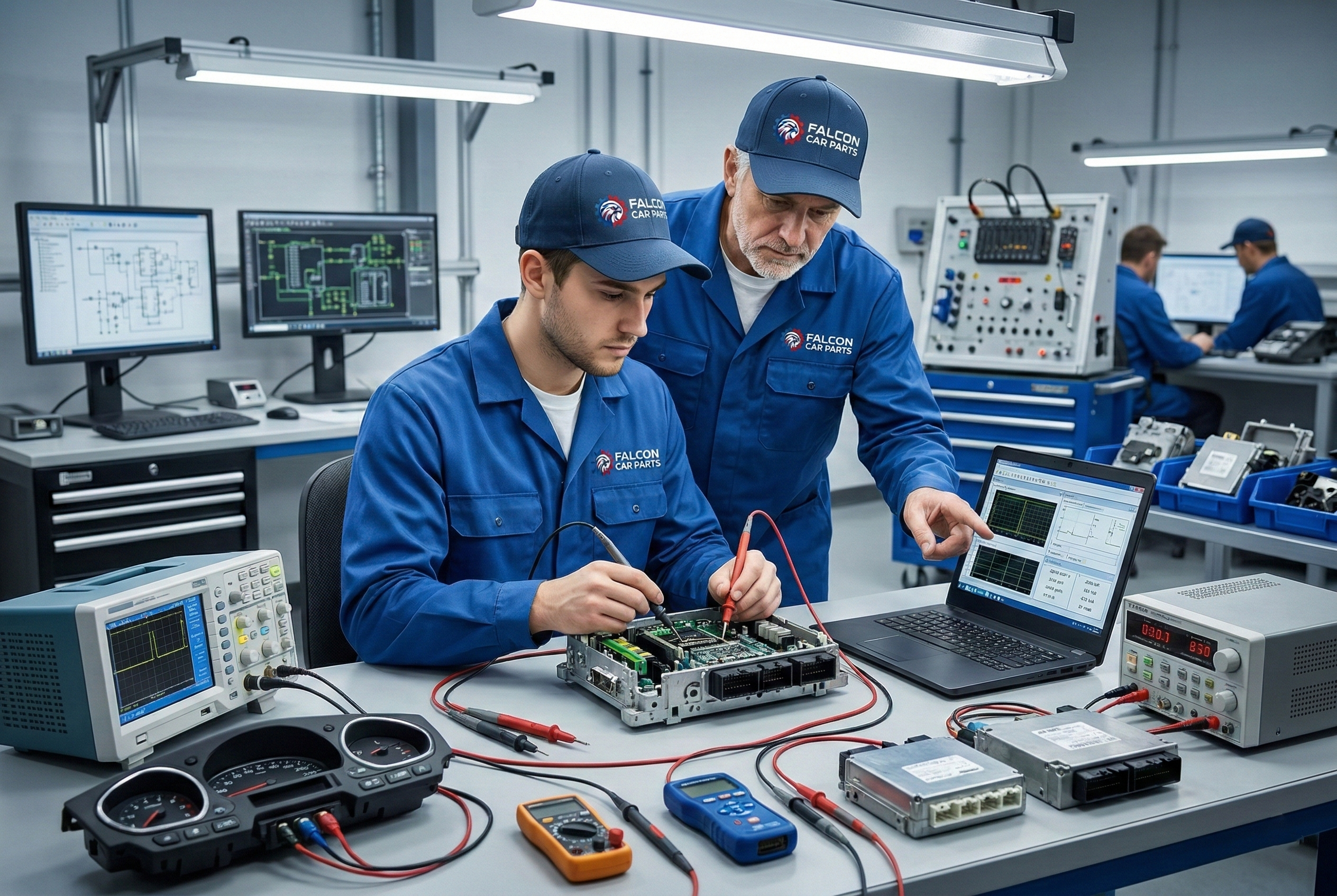 Technical staff testing used AC control computers for button response and screen clarity
