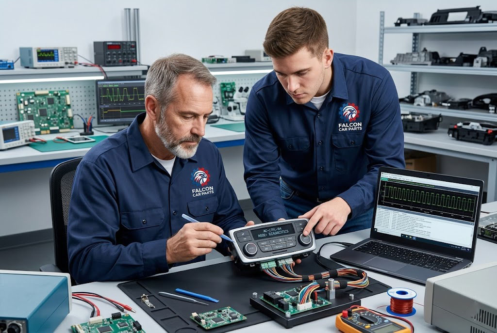 Technical staff inspecting a digital AC control module and testing buttons