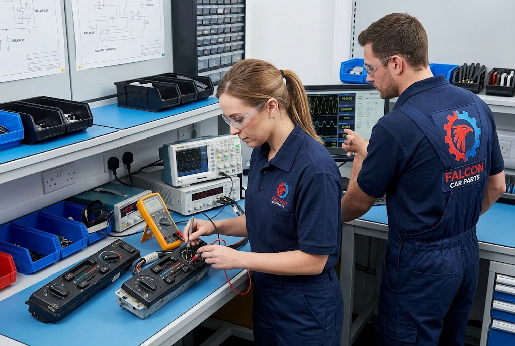 Technical staff testing used AC heater control switches and dials for electrical functionality