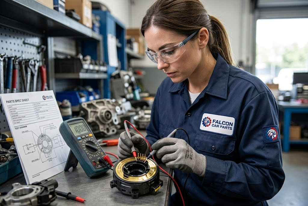 Technical staff using a multimeter to test continuity on a used airbag clockspring