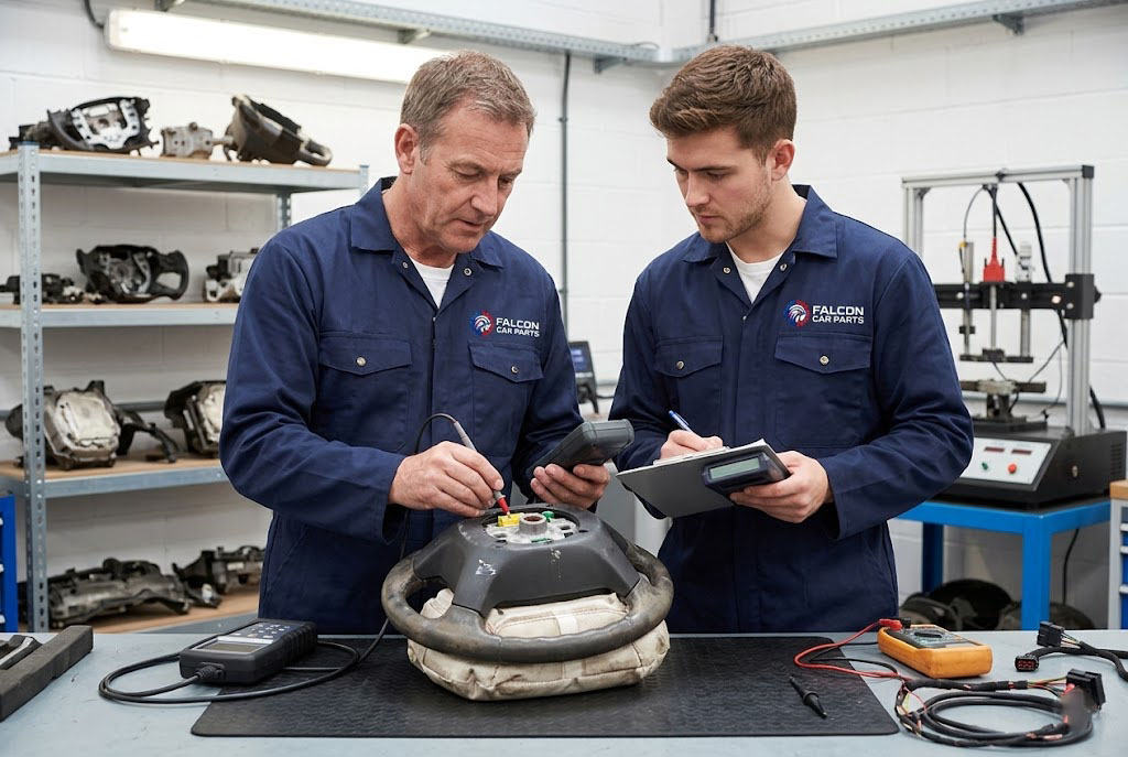 Technical staff inspecting the rear connectors and cover of a used steering wheel airbag