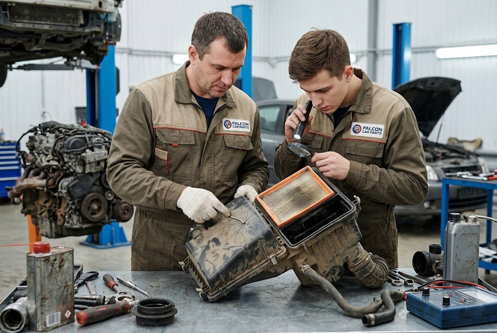 Technical staff inspecting a used automotive air box for cracks and debris