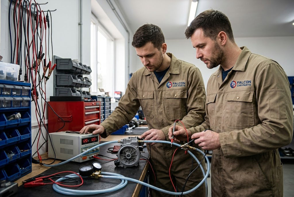 Technical staff bench testing an automotive secondary air pump with a 12v power supply