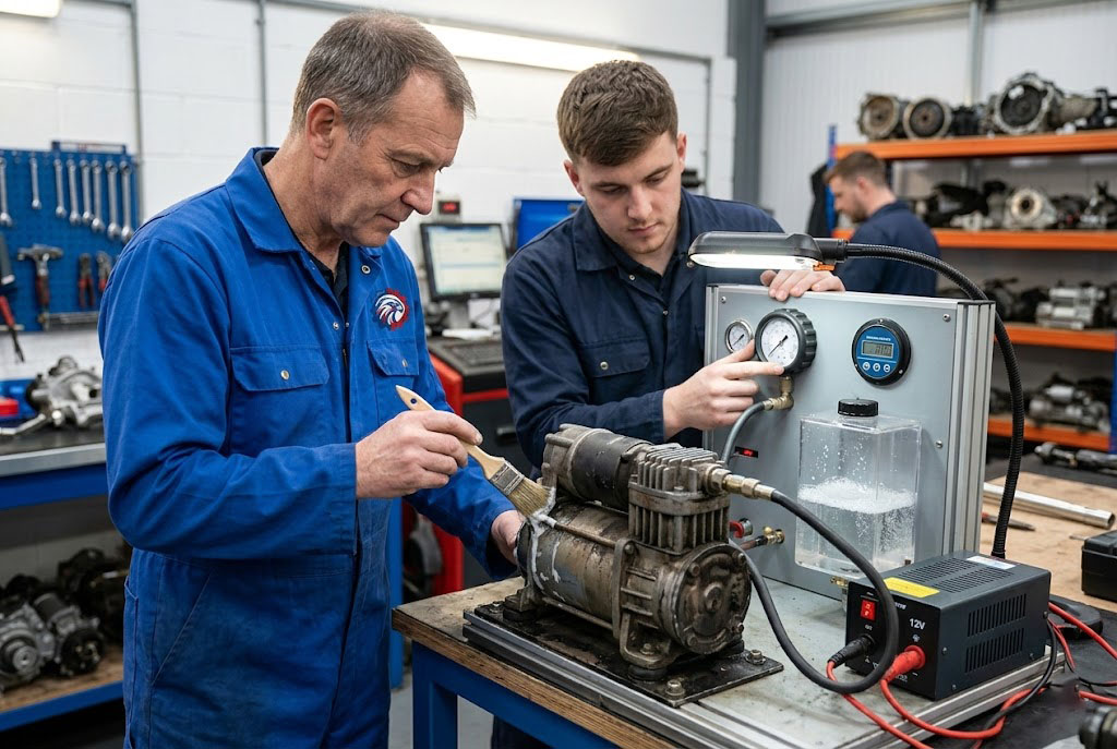 Technical staff bench testing a used air ride suspension compressor for pressure and leaks