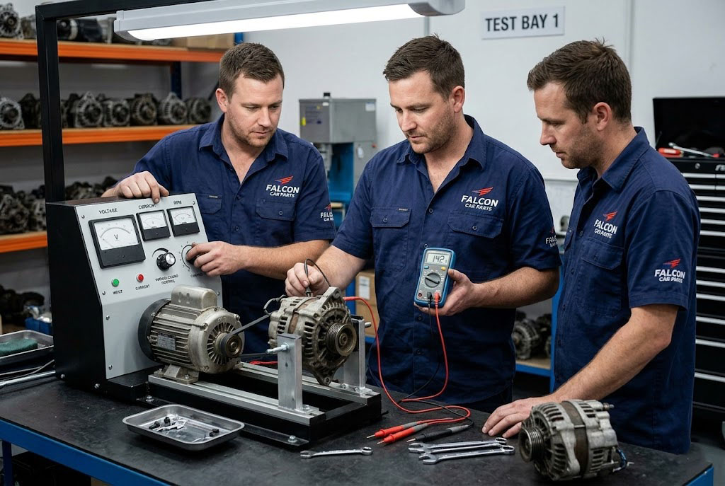 Technical staff bench-testing a used automotive alternator for voltage output