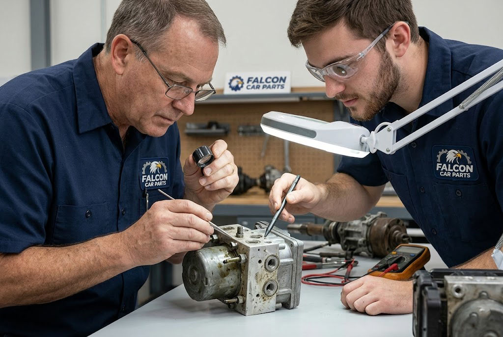 Technical staff inspecting the brake line ports and aluminum housing of a used ABS pump