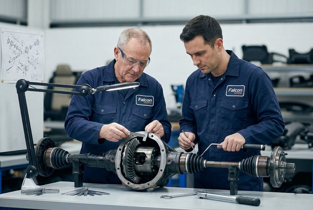 Technician inspecting a front axle assembly for drivetrain integrity