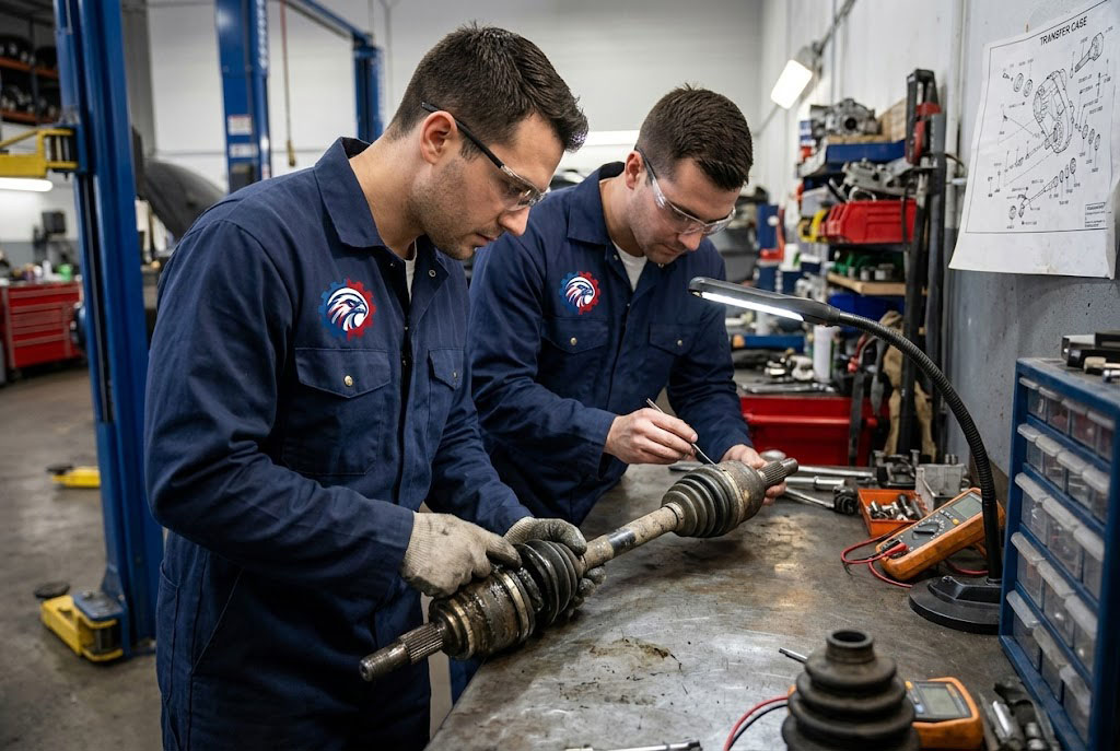 Technician inspecting the splines and rubber boot of a used CV axle shaft