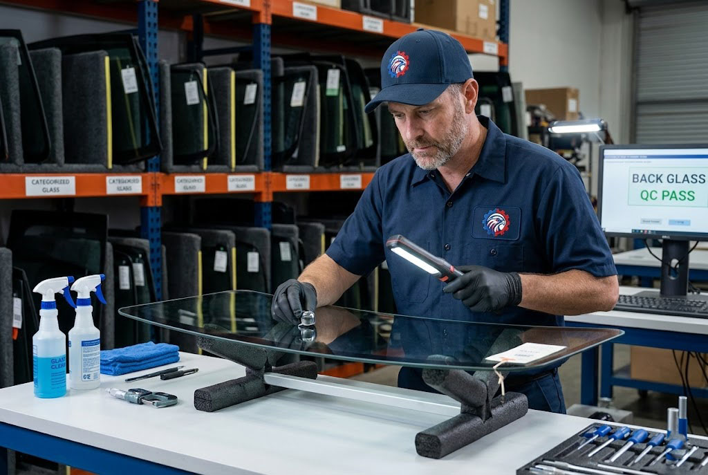 Technician inspecting a used OEM back door glass pane for scratches and edge chips