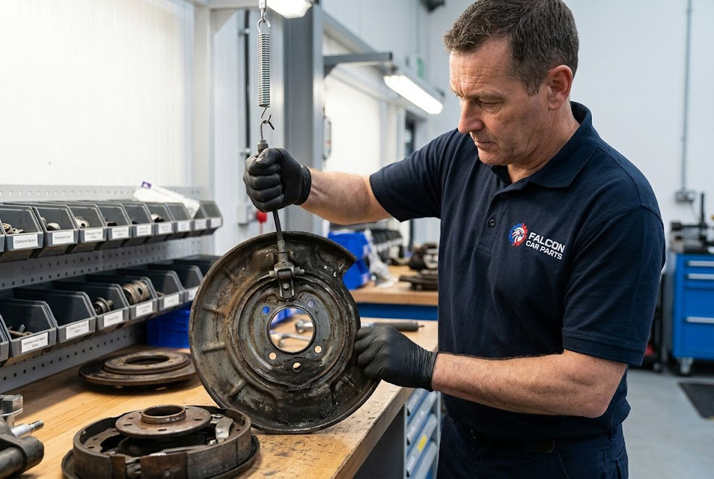 Technician inspecting a used steel rear brake backing plate for parking brake anchor strength