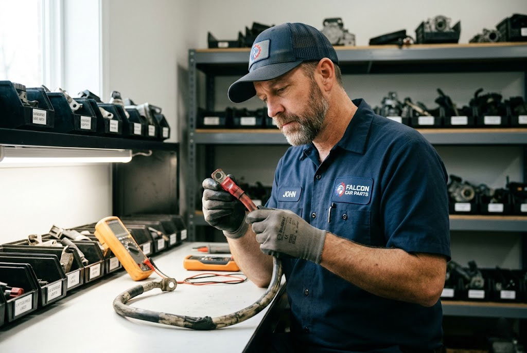 Technician inspecting the terminals and insulation of a used OEM battery cable assembly