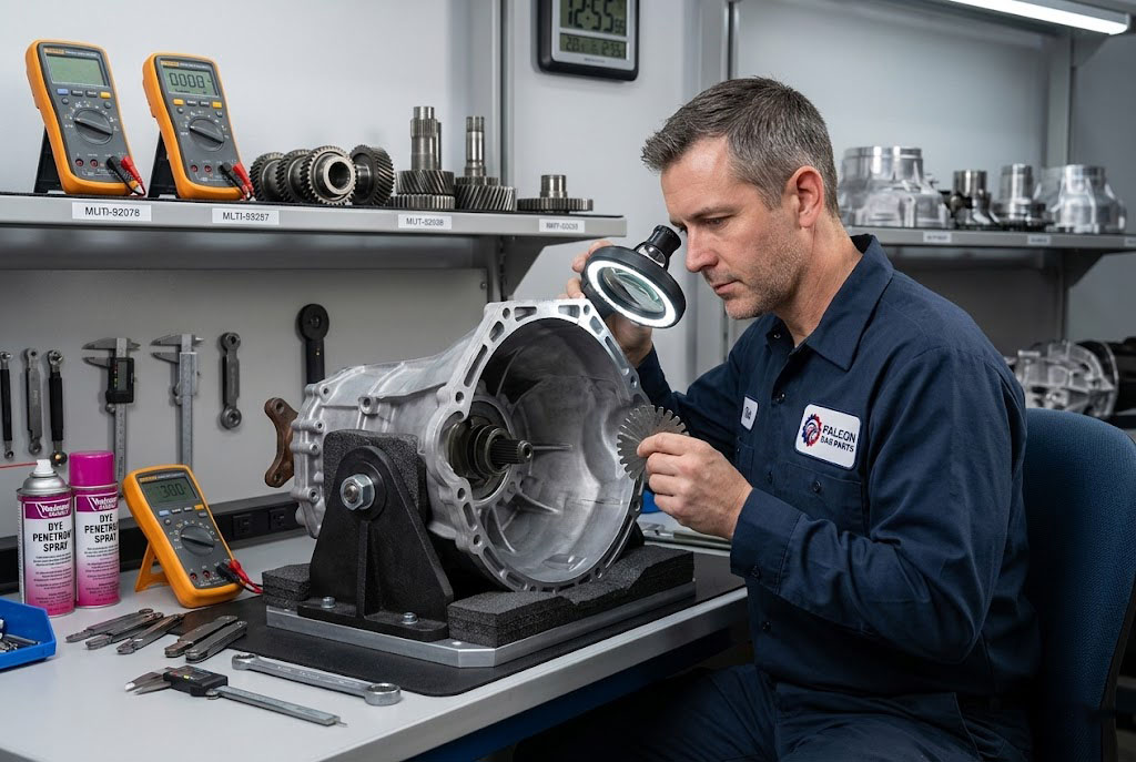 Technician inspecting an aluminum transmission bell housing for stress cracks and stripped threads