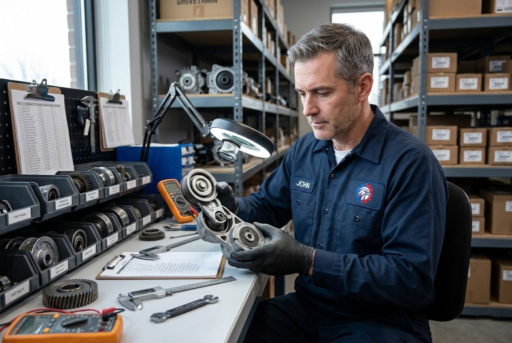 Technician inspecting the spring and pulley of a used OEM belt tensioner