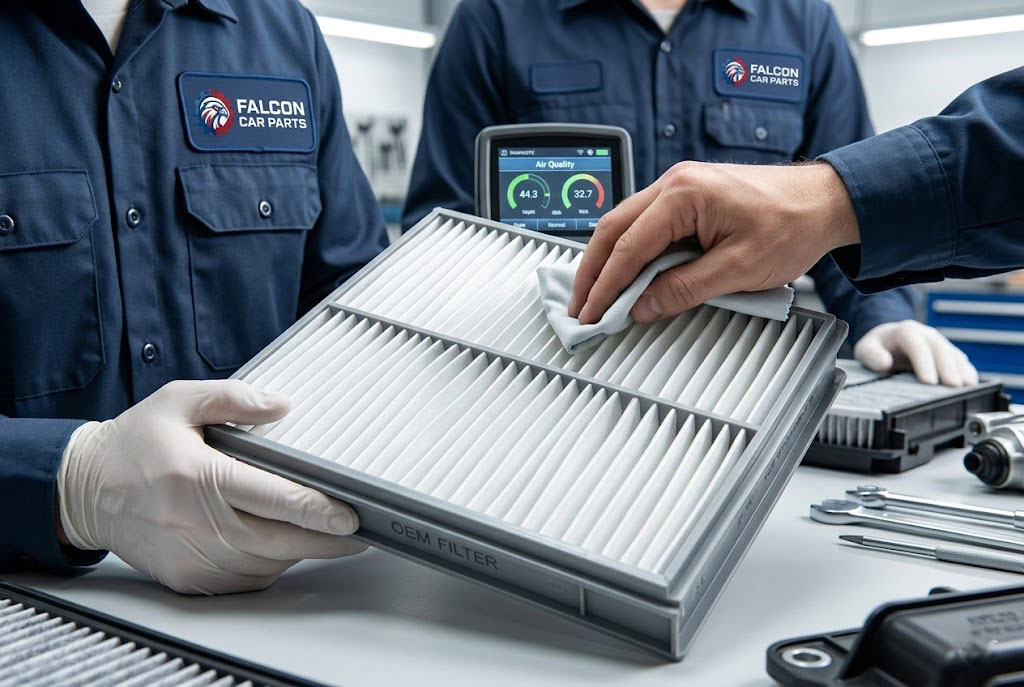Close up of a clean, inspected OEM cabin air filter showing white pleats