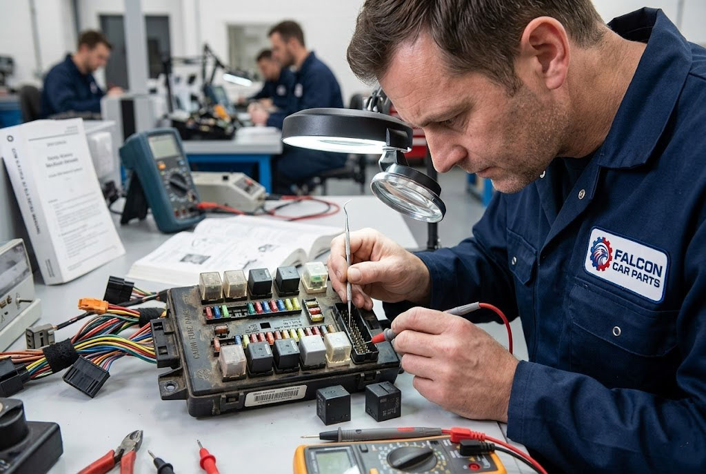 Technician inspecting the pin connectors and relays of a used OEM cabin fuse box