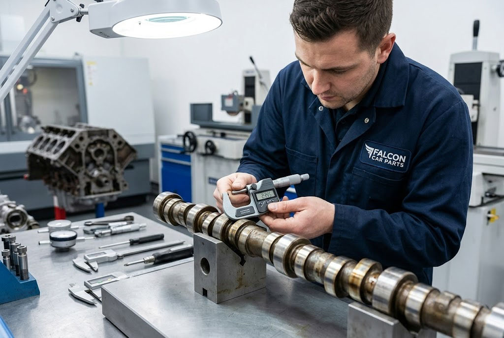 Technician measuring the lobes of a used OEM engine camshaft with a micrometer
