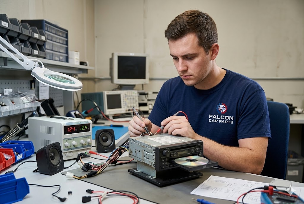 Technician bench-testing a used OEM car CD player and radio head unit
