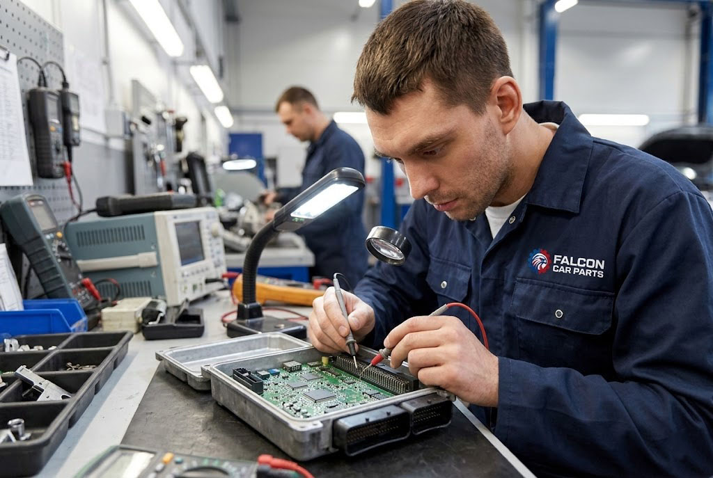 Technician inspecting the pins and circuit board housing of a used OEM chassis control computer