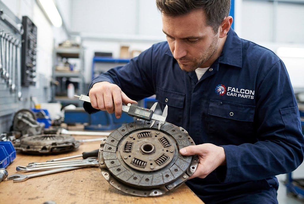 Technician measuring the friction material thickness of a used OEM clutch disc
