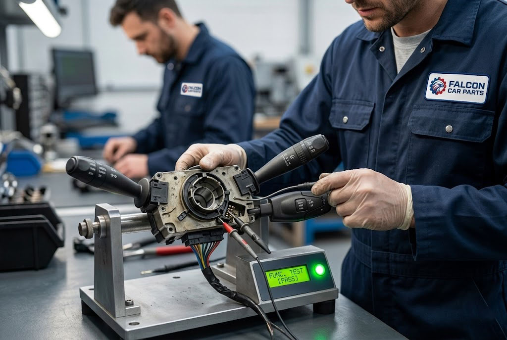 Close up of a tested used OEM steering column multifunction switch