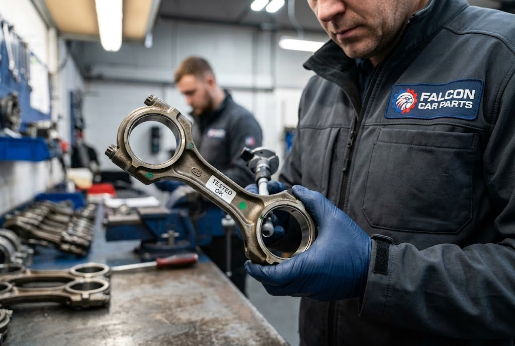 Close up of a tested used OEM engine connecting rod
