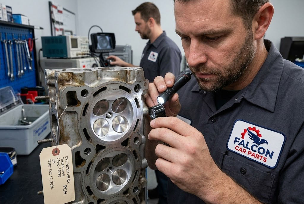 Close up of a tested used engine cylinder head with clean valves and combustion chambers