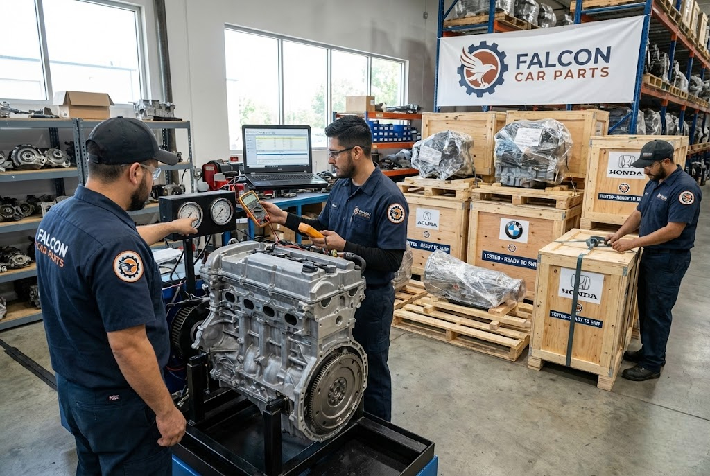 Technical staff testing used engines for Acura, BMW, and Honda
