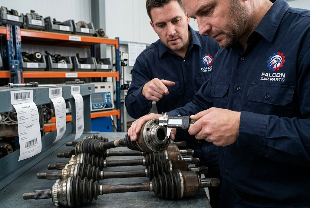 Close up of a tested used front drive shaft with clean splines
