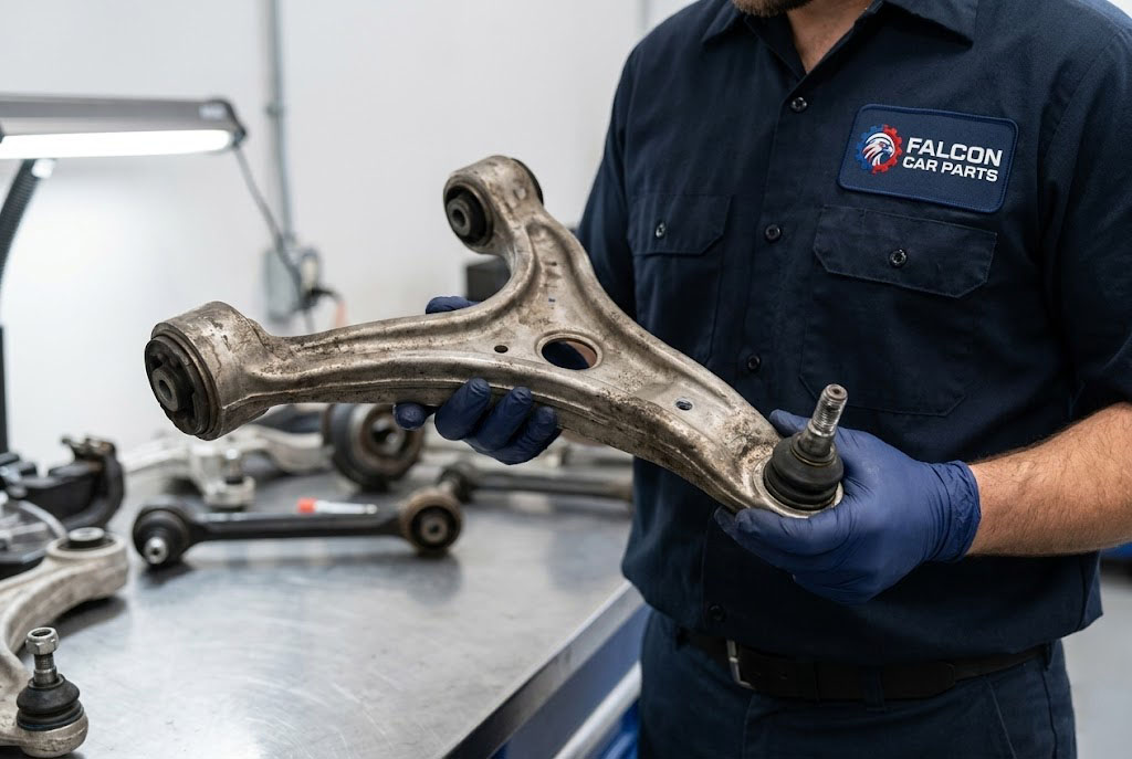 Close up of a straight used OEM front lower control arm