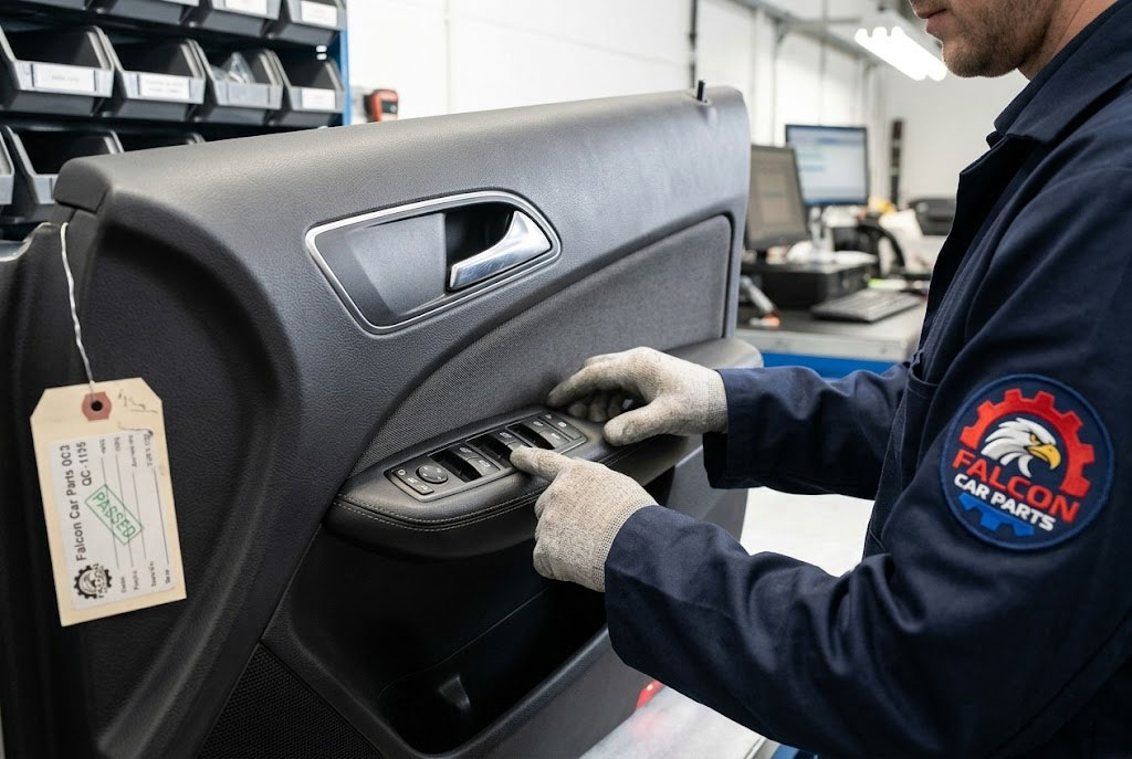 Close up of a clean used interior front door trim panel with armrest