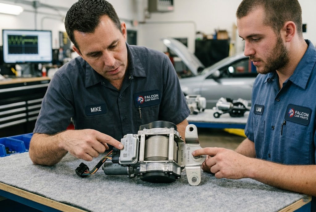 Close up of an undeployed used OEM seat belt motor and retractor assembly