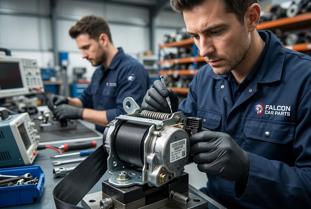 Close up of a tested OEM used rear seat belt and retractor assembly