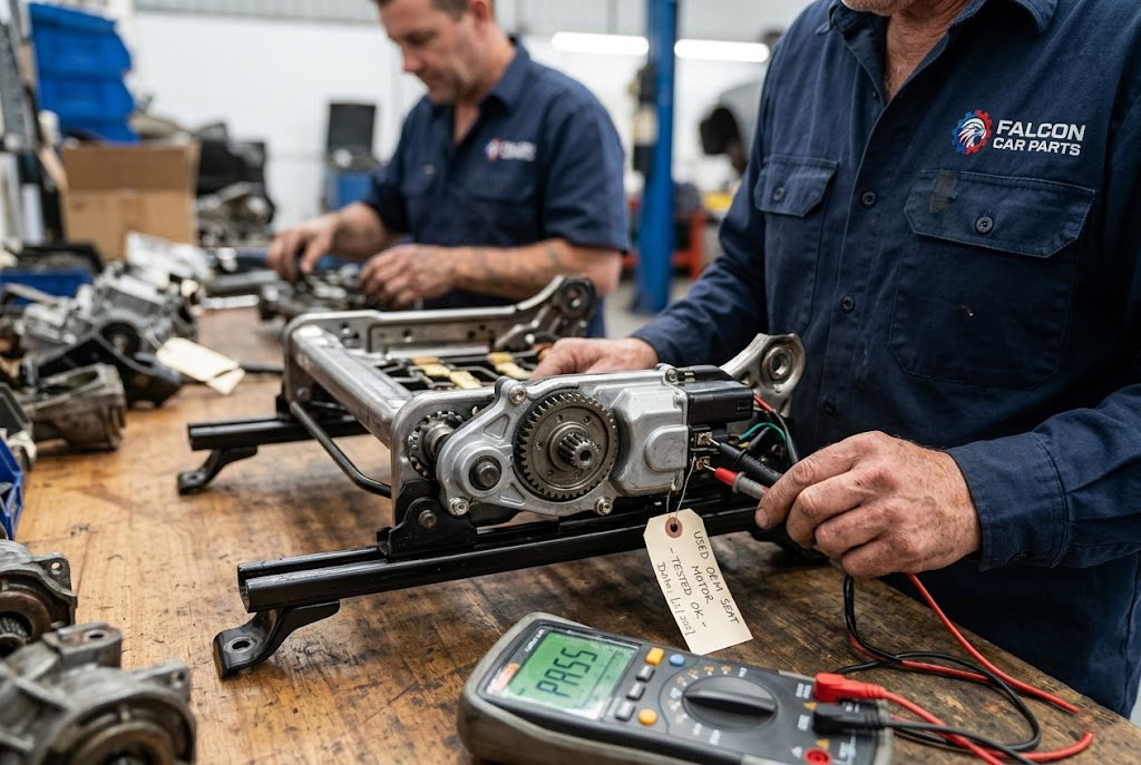 Close up of a tested OEM used power seat motor and track assembly