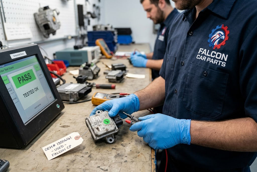 Close up of a tested OEM used automotive crash impact sensor