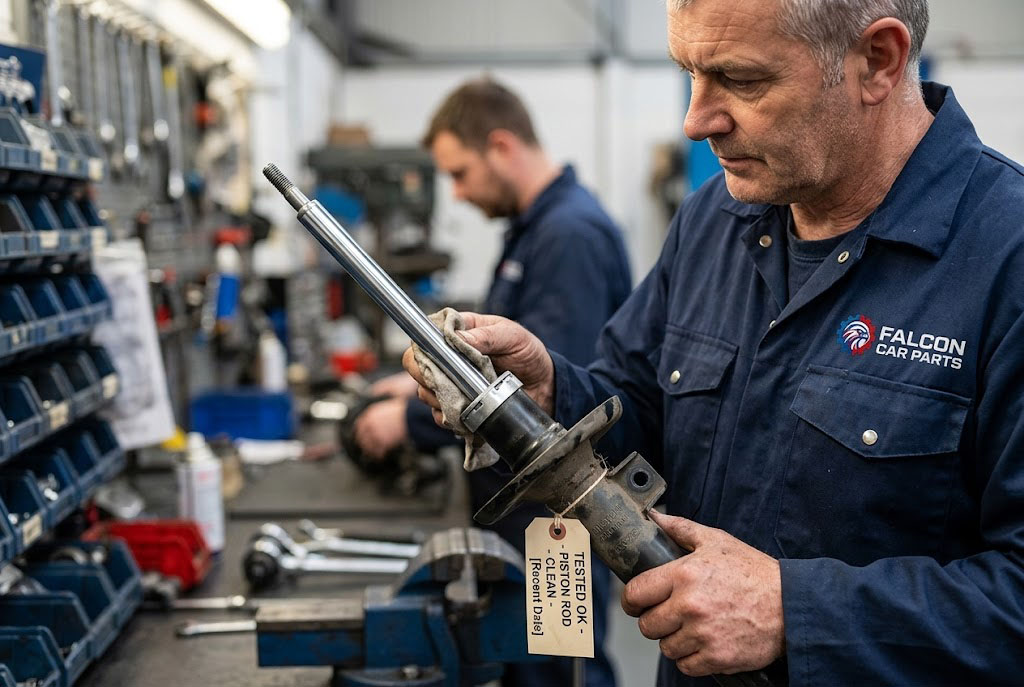 Close up of a tested used OEM shock absorber with clean piston rod
