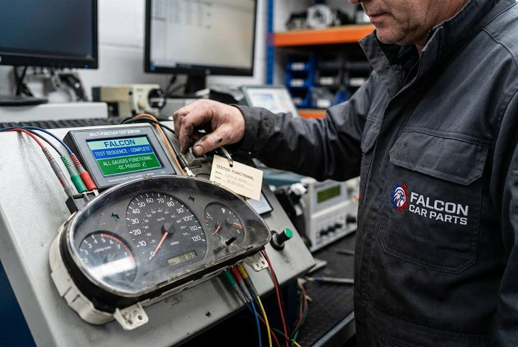 Close up of a tested used OEM speedometer instrument cluster