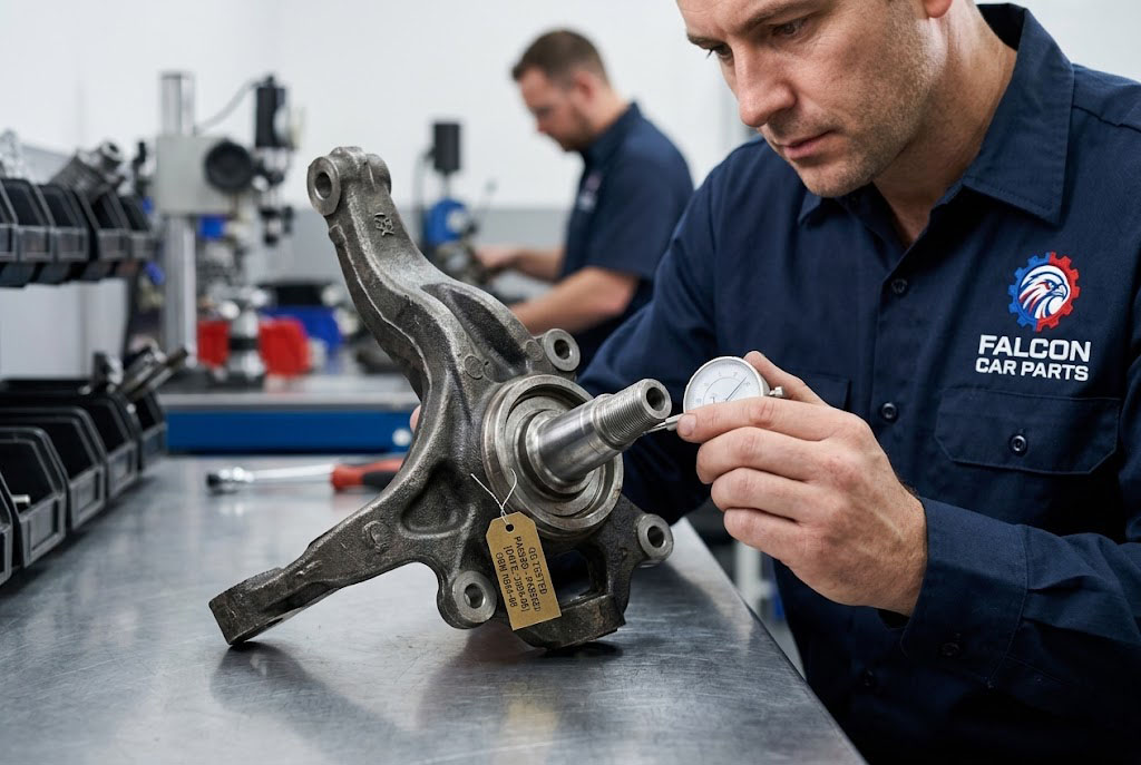 Close up of a tested used OEM steering knuckle and spindle assembly