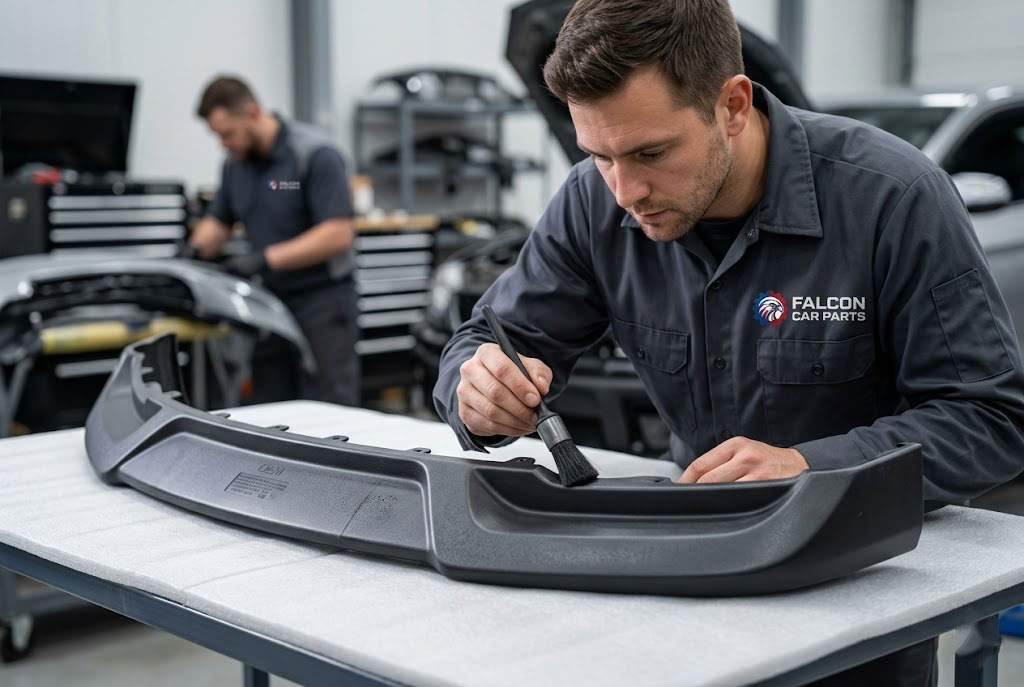 Close up of a clean used OEM front bumper spoiler lip