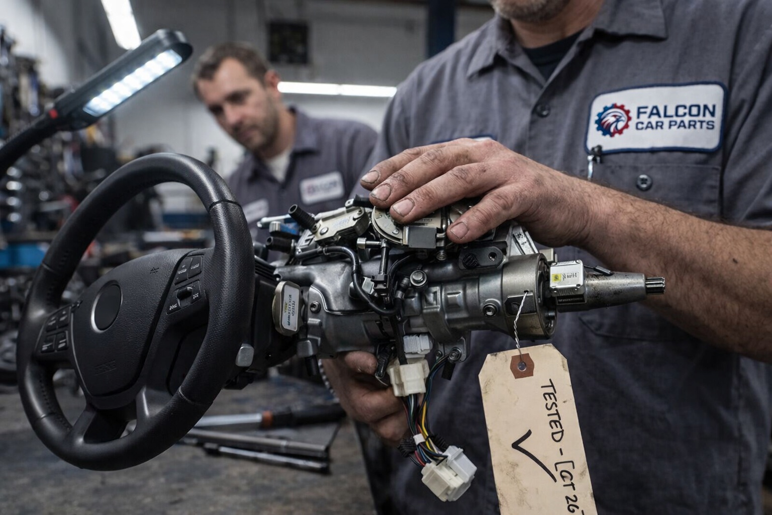 Technician inspecting used steering column assembly