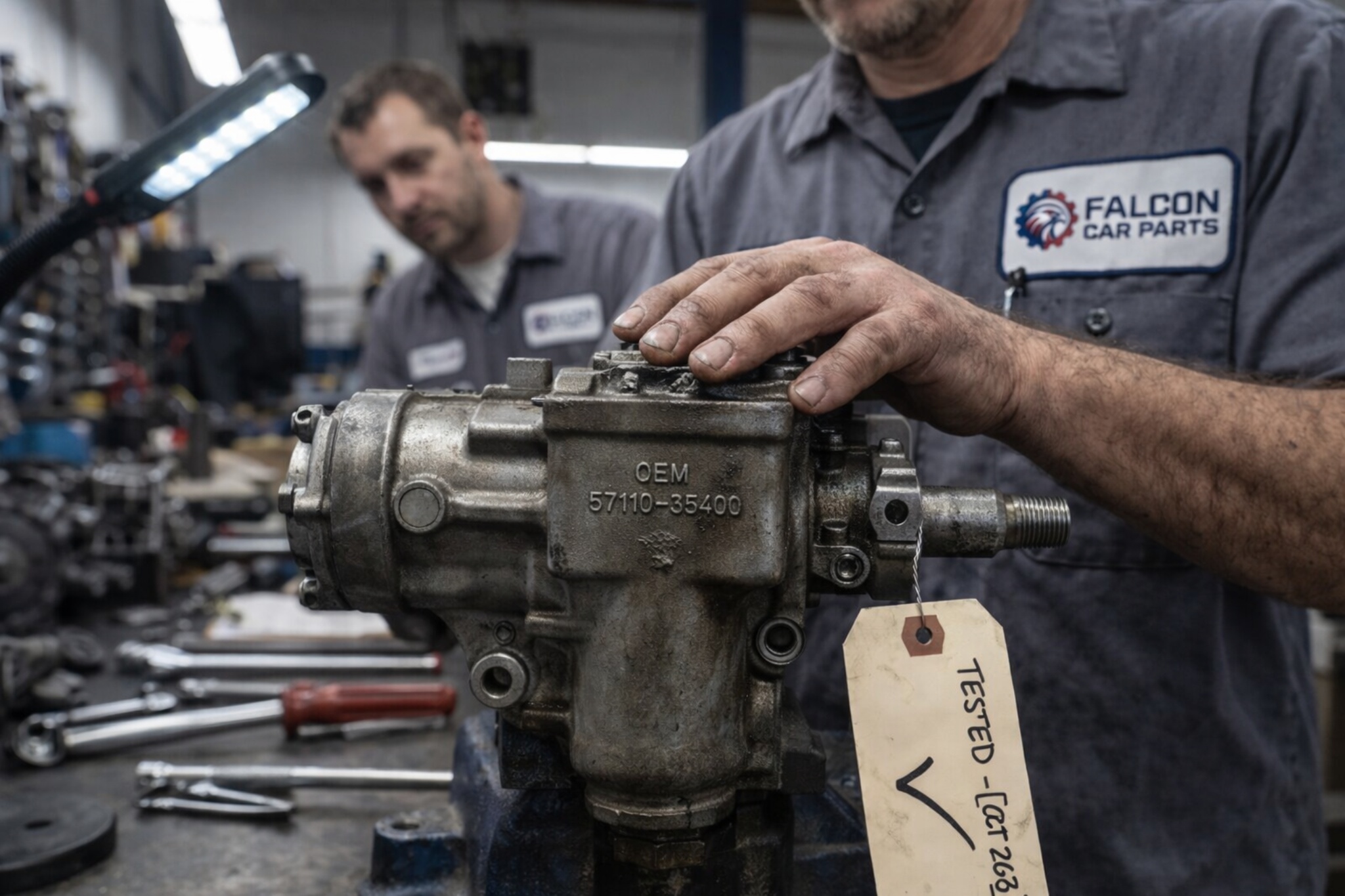 Technician inspecting used steering gear box assembly