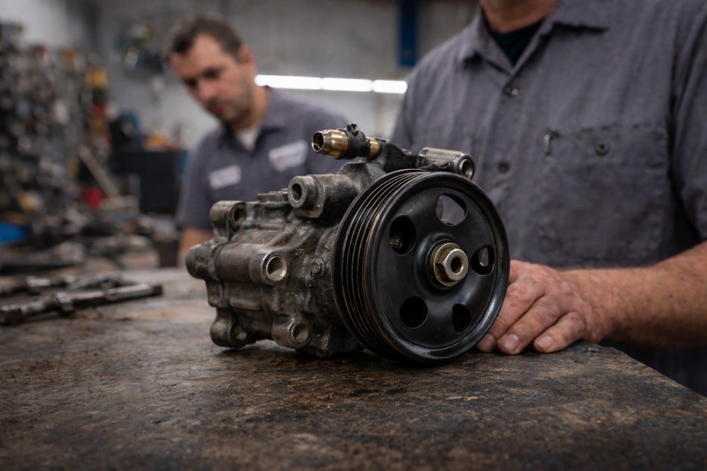 Technician inspecting used power steering pump