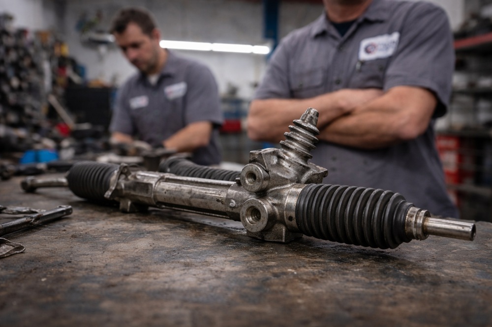 Technician inspecting used steering rack assembly
