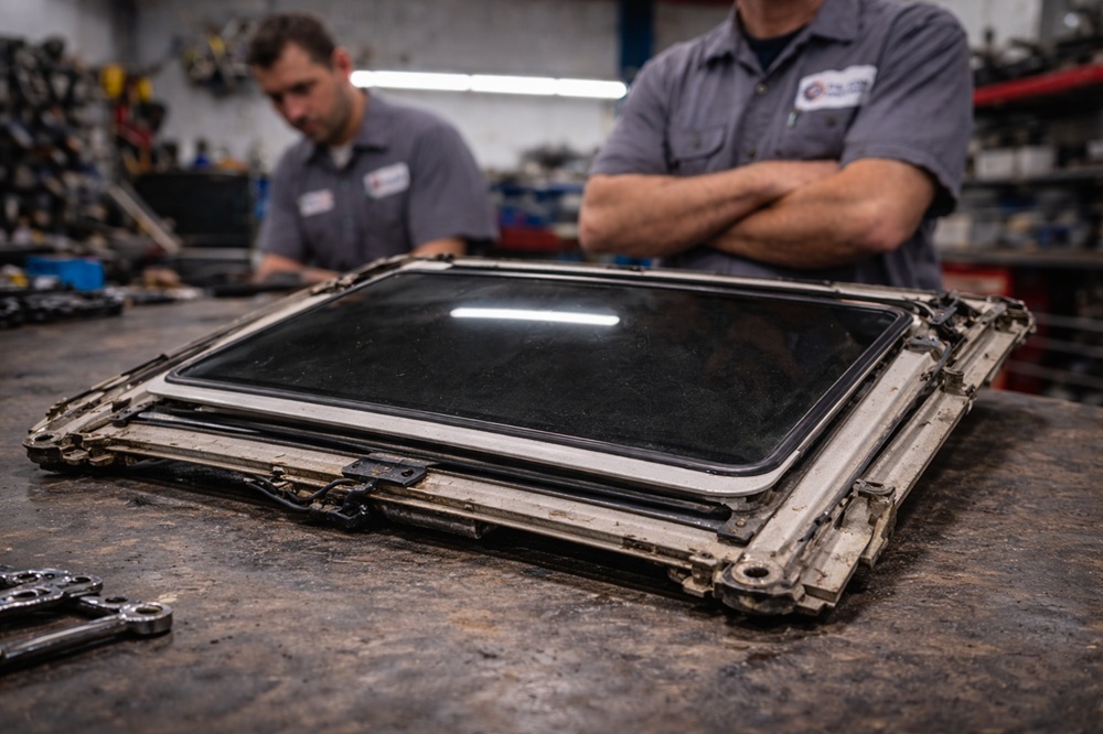 Technician inspecting used sunroof assembly