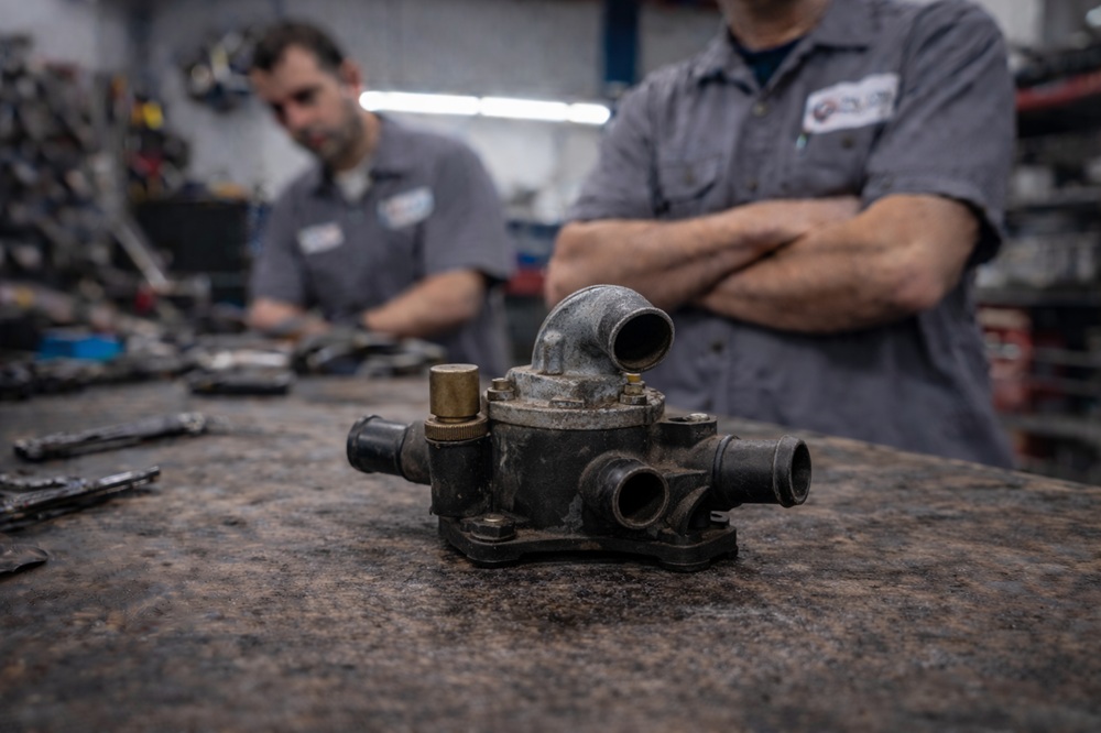 Technician inspecting used thermostat housing