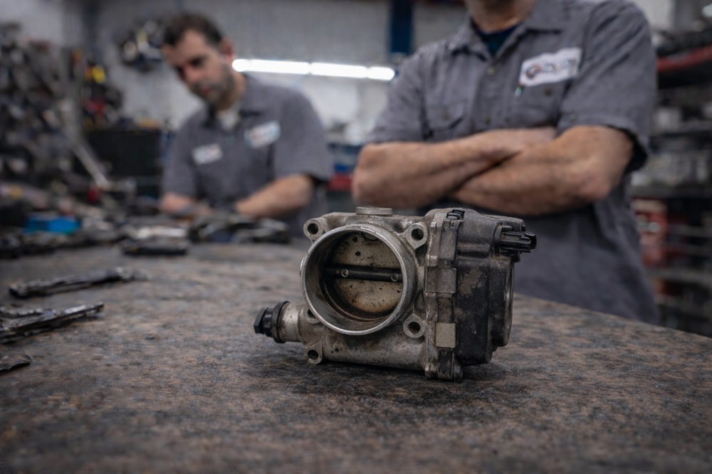 Technician inspecting used throttle valve housing