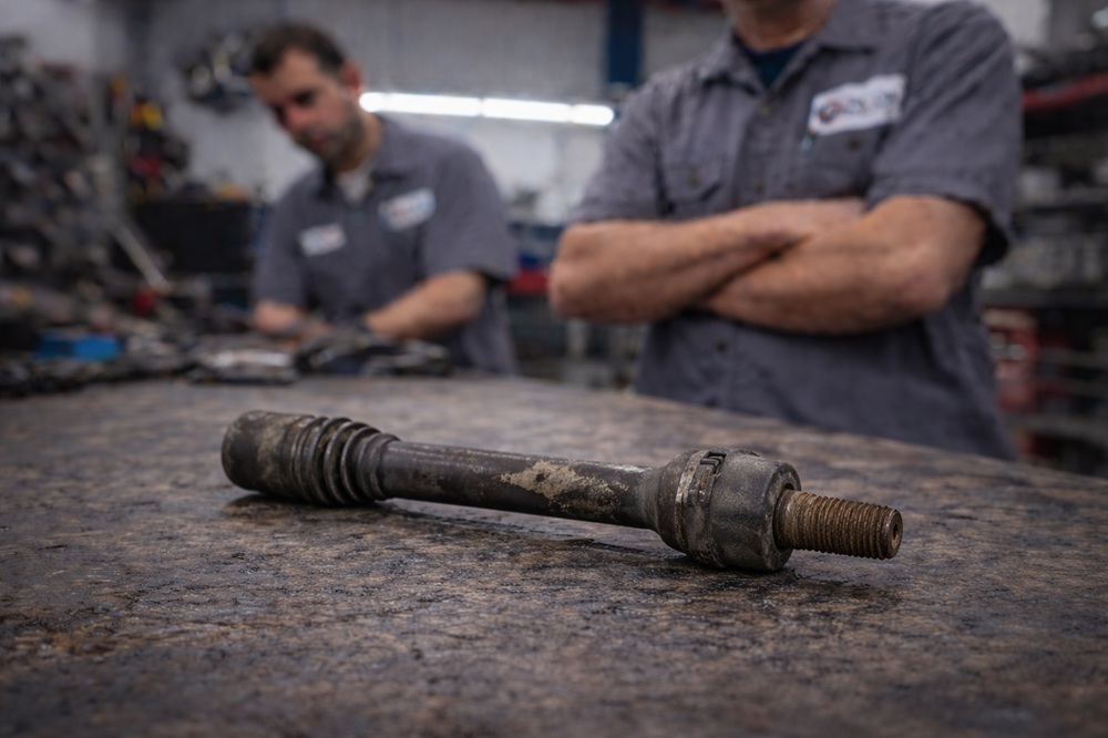 Technician inspecting used tie rod