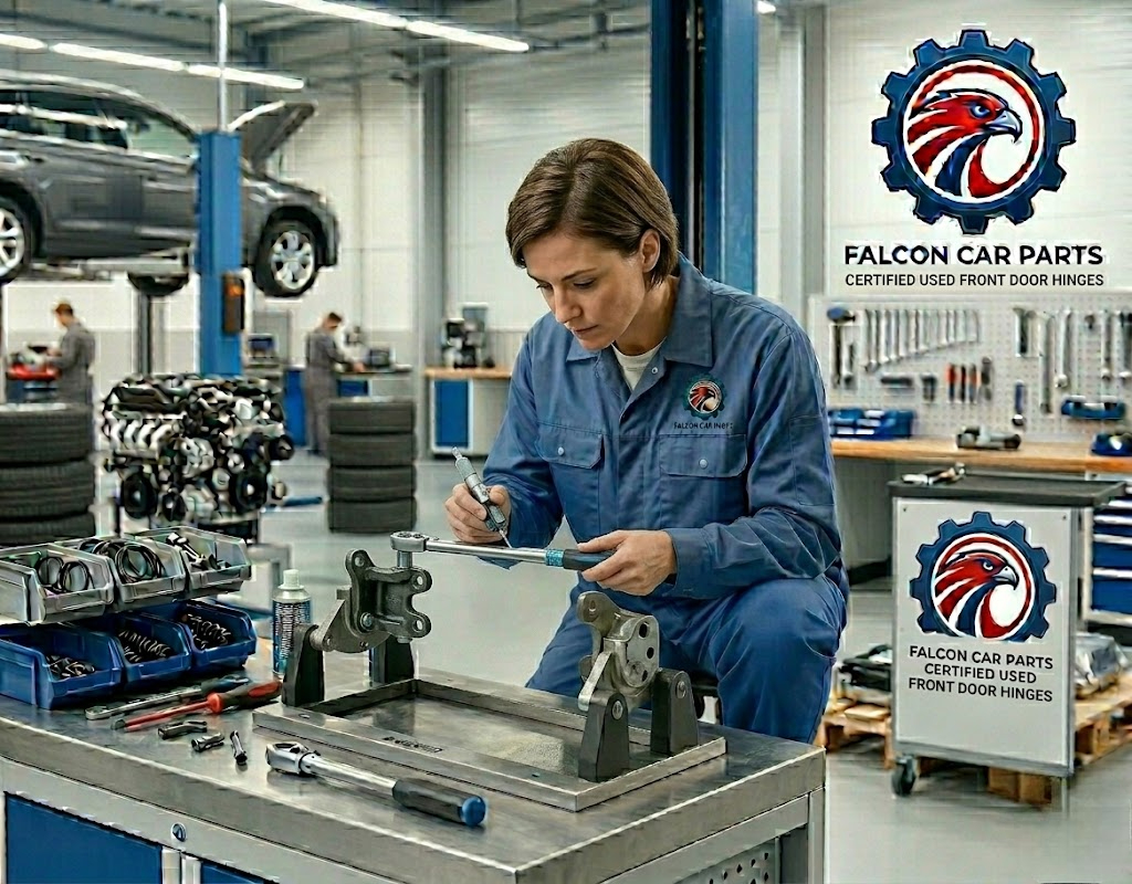 Tested used front door hinge with clean pivot point and no rust scaling