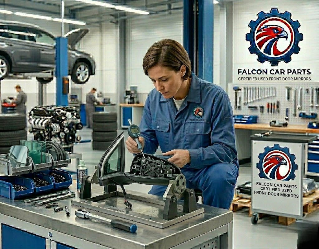 Tested used front door mirror assembly with integrated turn signal and clear glass