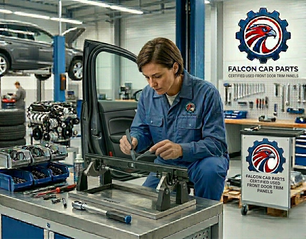 Tested used front door trim panel with clean upholstery and intact armrest